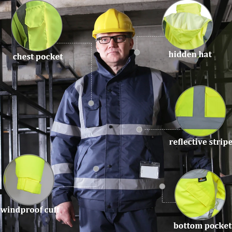 Hi Vis Winterjas Parka Heren Streep Patchwork Capuchon Hoge zichtbaarheid Reflecterende werkkleding Jas Werkkleding