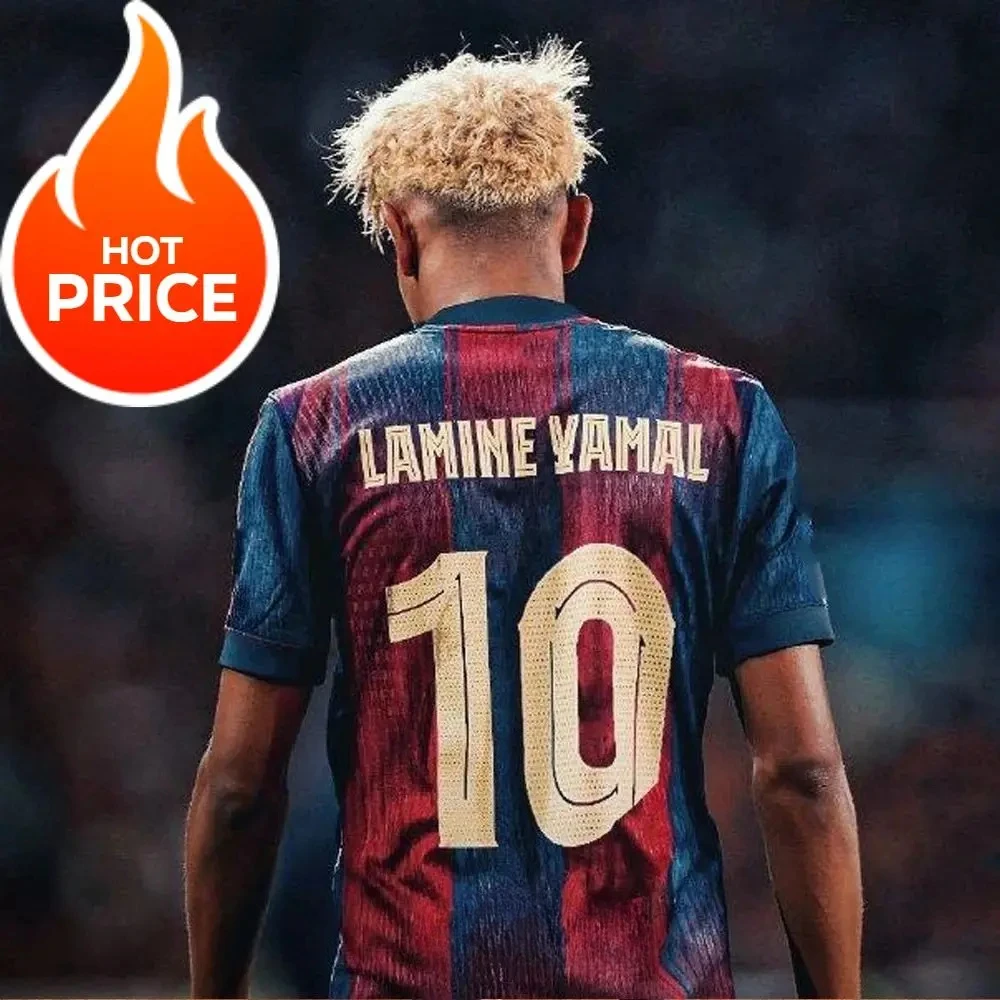 Camiseta de fútbol de Lamina Yamal - # 10 Diseño clásico de rayas azules y rojas Impresión de nombre y número del jugador perfecto para aficionados al fútbol