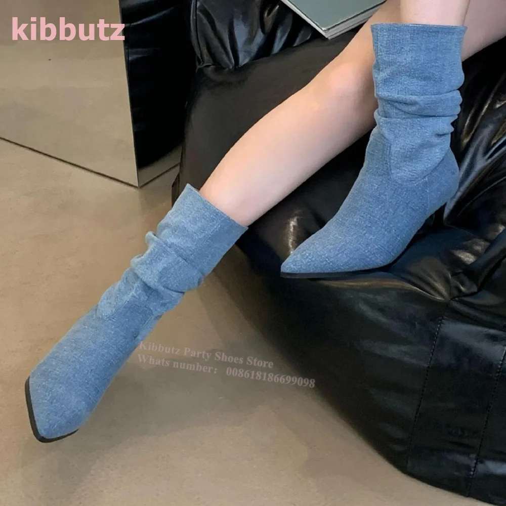 Stacked Mid Calf Boots Suede Solid Pleated Pointed Toe Spike Heels French Vintage Slip-On Fashion Elegant Women Shoe 2023 Newest