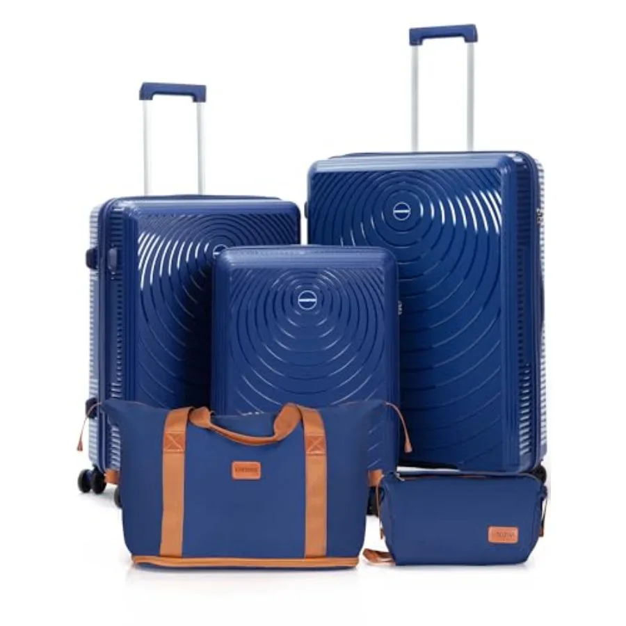 

Комплект из 5 легких чемоданов CONCEPTEN с жестким корпусом и колесами-спиннерами, ударопрочные чемоданы из полипропилена, темно-синие, с замком TSA