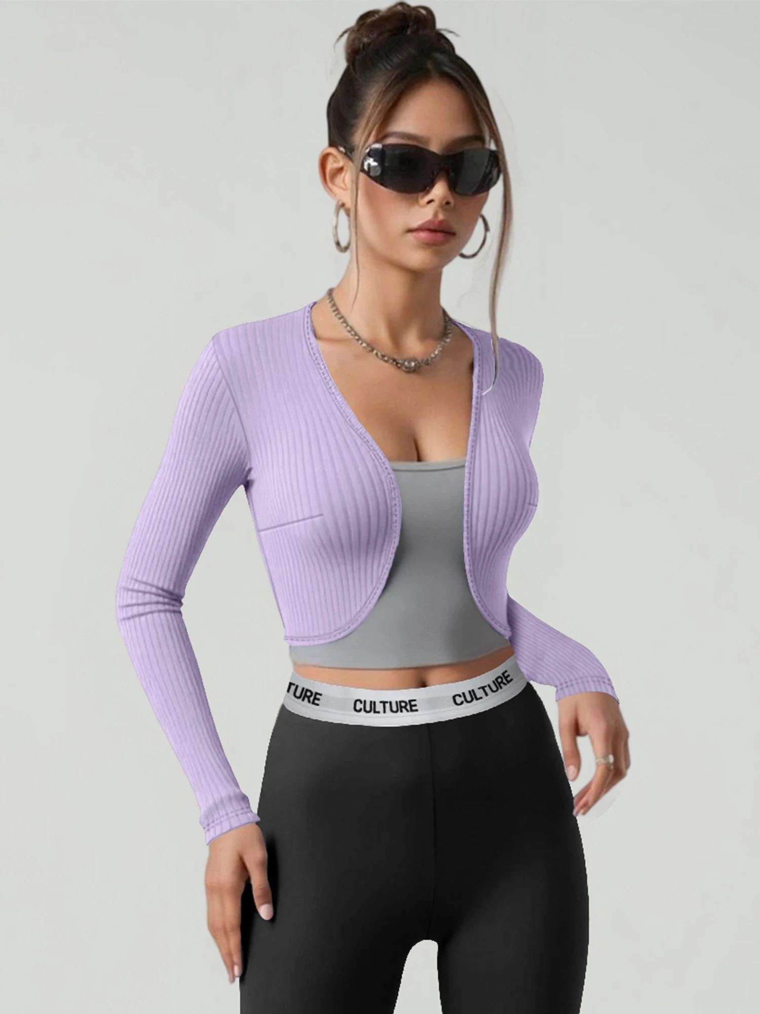 

Women's Basic Ribbed Short Cardigan High Elastic Long Sleeve Slim Shrug Daily Wear Base Layer Outerwear All-match