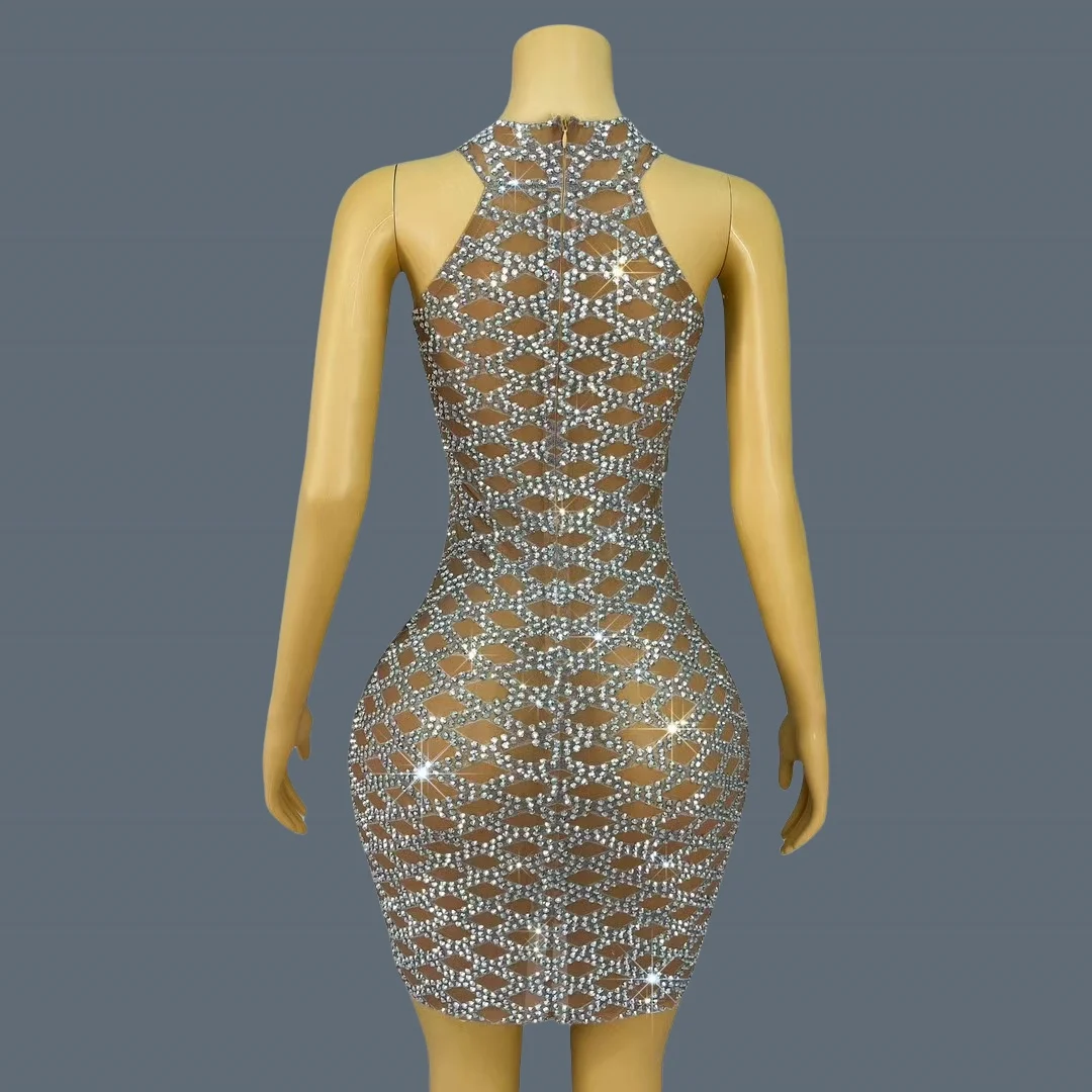 ผู้หญิงระดับไฮเอนด์คริสตัลสีเงินมินิเดรสสปาร์คกี้ชิคบอลเดรสเชียร์ตาข่ายแขนกุดวันเกิดเซ็กซี่ชุดลิงเกจเจียวเดียน