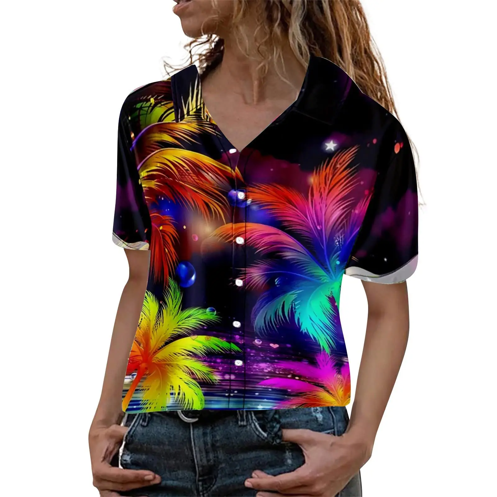 

Summer Fashion Women's Artistic Hawaiian Palm Tree Print Short Sleeve Lapel Casual Button Shirt Tops Women Hawaiian Shirt
