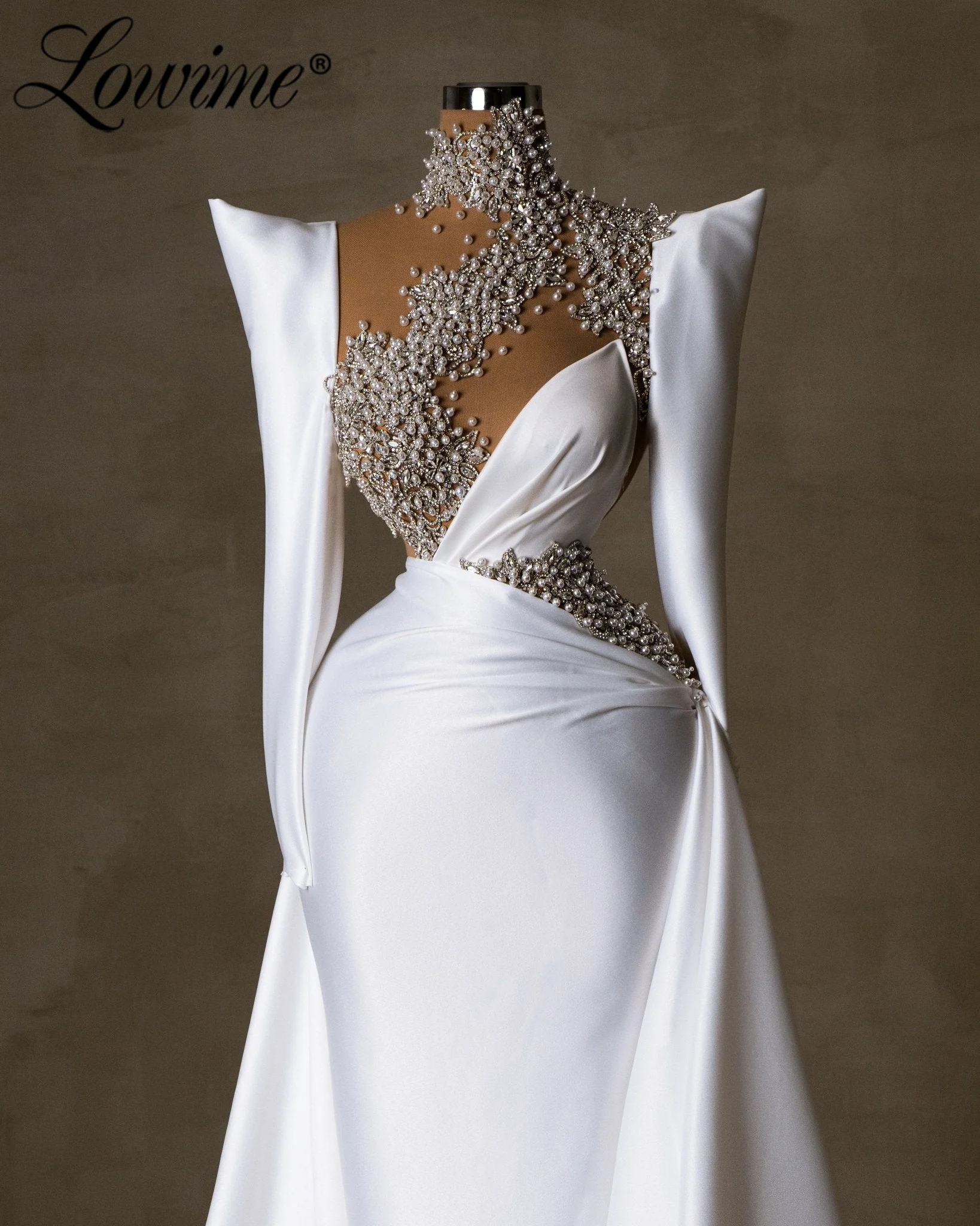 

Белое атласное вечернее платье на заказ, элегантное платье русалки для выпускного вечера с длинными рукавами и кристаллами, жемчугом и бисером, женские вечерние платья, верхняя юбка