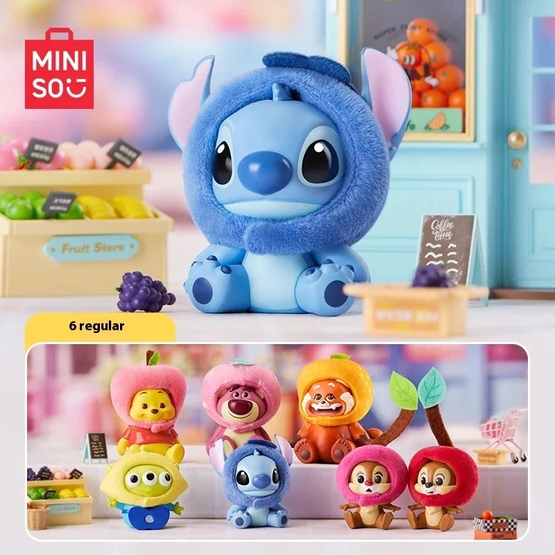 MINISO 디즈니 캐릭터 블라인드 박스 과일 모자 시리즈 인형 스티치로쏘 미스터리 박스, 귀여운 모델 장난감, 어린이 명절 선물, 정품