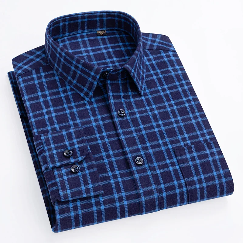 New in shirt plus size 6xl 100%cotton brushed long-sleve shirts for men slim fit casual shirt soft single pocket plaid clothes