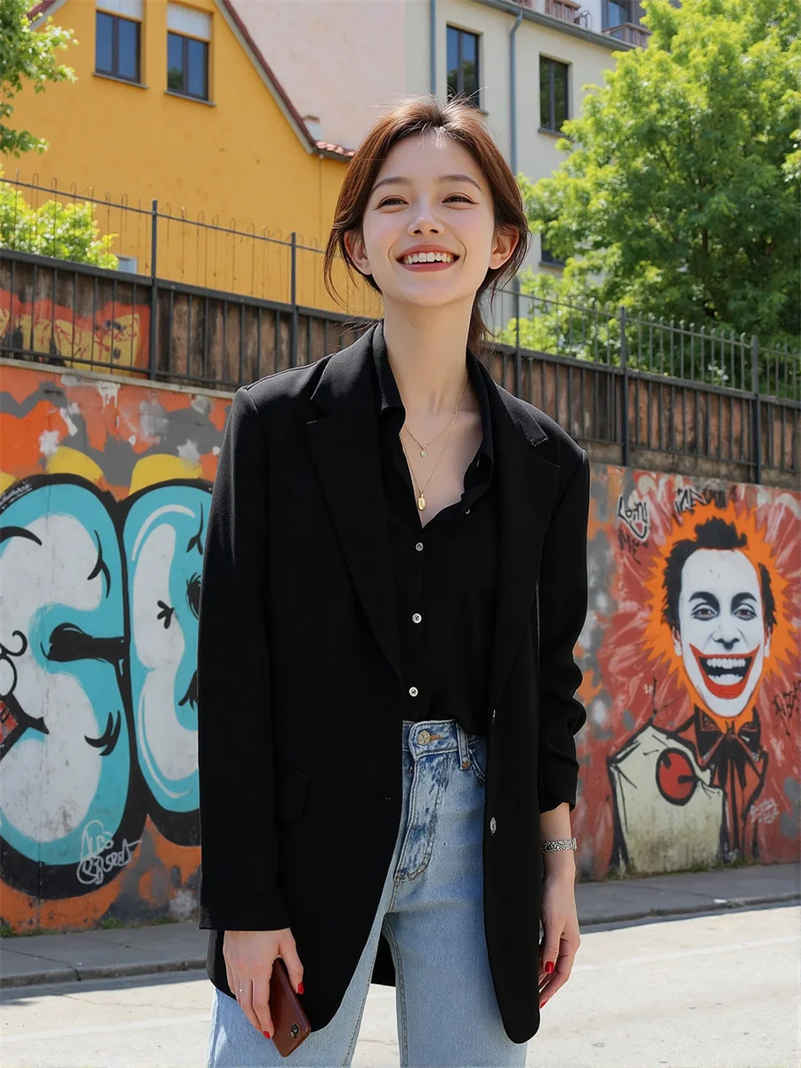 Women'S Modern Blazers Black White Turn-Down Collar Chaqueta O Neck Color-Blocked Cuffs Holiday Solidcolor Sleevebuttons Evening