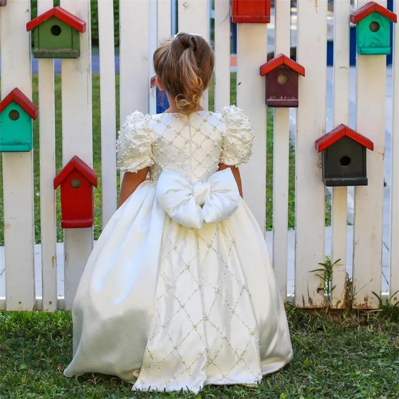 Abito da ballo personalizza abito da ragazza di fiori con fiocco in nastro abito da principessa in raso abito da festa per bambini prima comunione taglia 1-14T