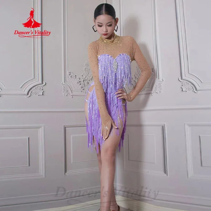 Latin Dance Competition Costume Women's Customized Luxury Full Diamond Tassel Long Sleeve Dress Samba Rumba Performance Dresses