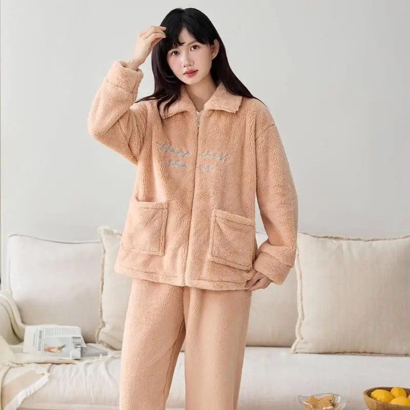 

Female New Flannel Simple Casual Autumn Winter Home Suit Comfortable Sleepwear Women's Pajama Nightwear Thickened Home Clothes