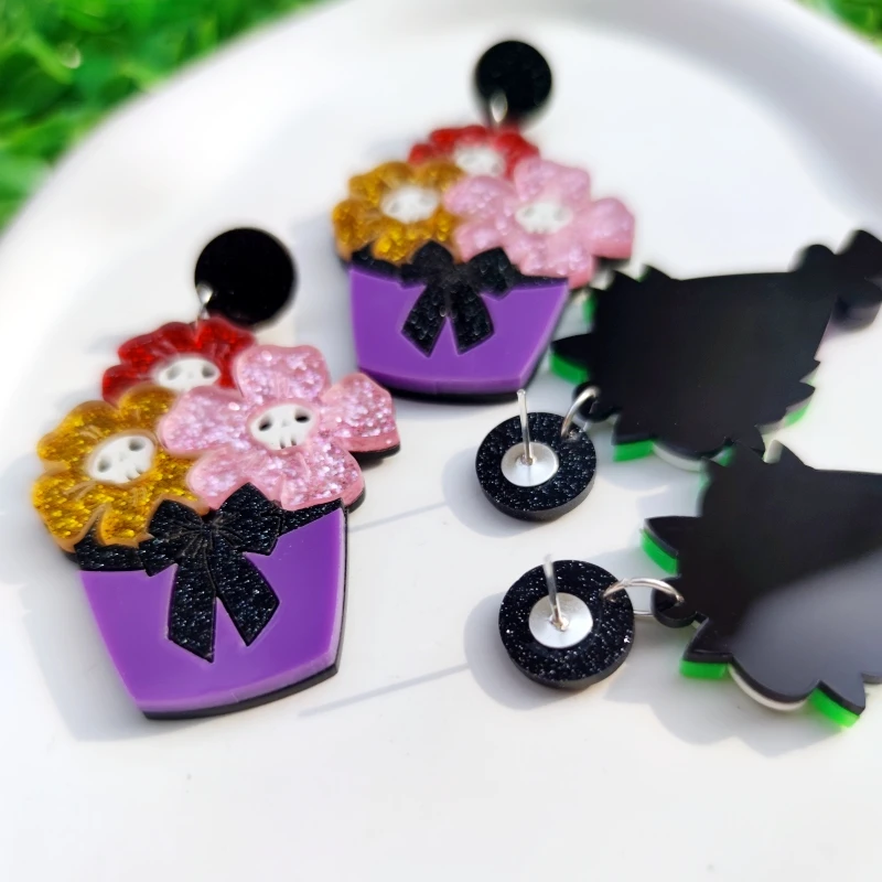 KUGUYS هالوين هيكل جمجمة باقة الاكريليك أقراط المرأة القوطية الأزهار مجوهرات فريدة مخيف هدية اكسسوارات #5