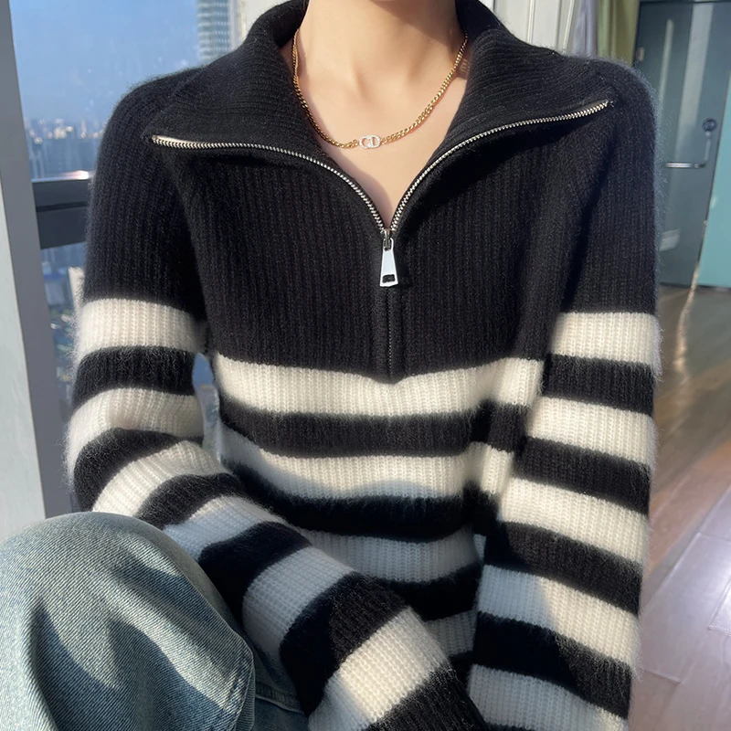 High-end soft turtleneck 100% cashmere sweater women\'s loose thick striped sweater bottoming sweater top