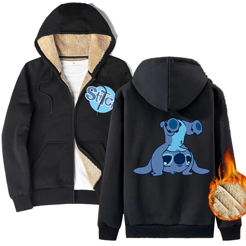 Disney Stitch Adult Hoodie Sweatshirts Cartoon Anime Plush Thickened Clothes Warm Soft Zipper Jacket Coat Birthday Winter Gifts