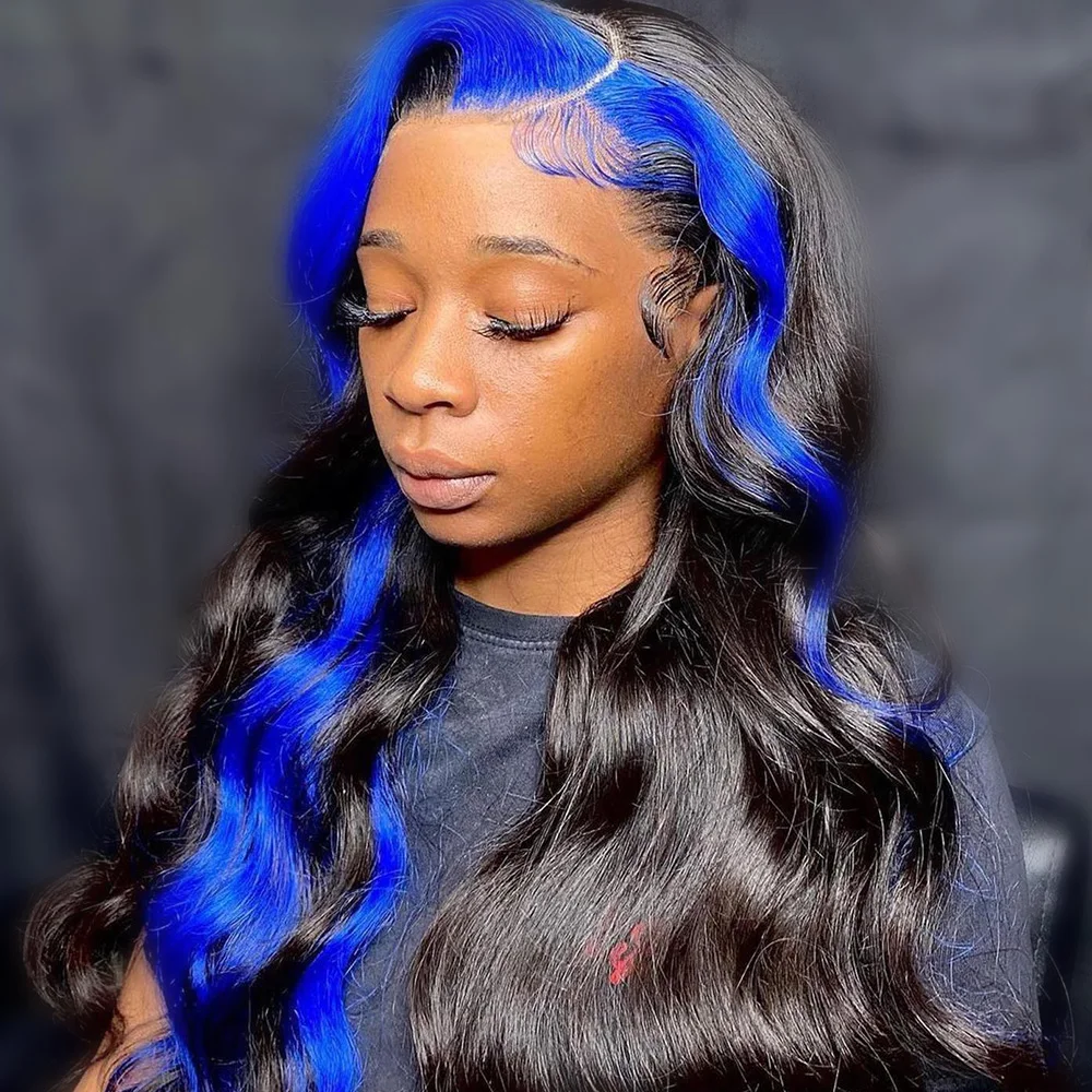 

13*4 HD Body Wave Highlight Black With Blue Lace Frontal Wigs Human Hair Wig For Women Brazilian Hair Glueless Full Lace Wig