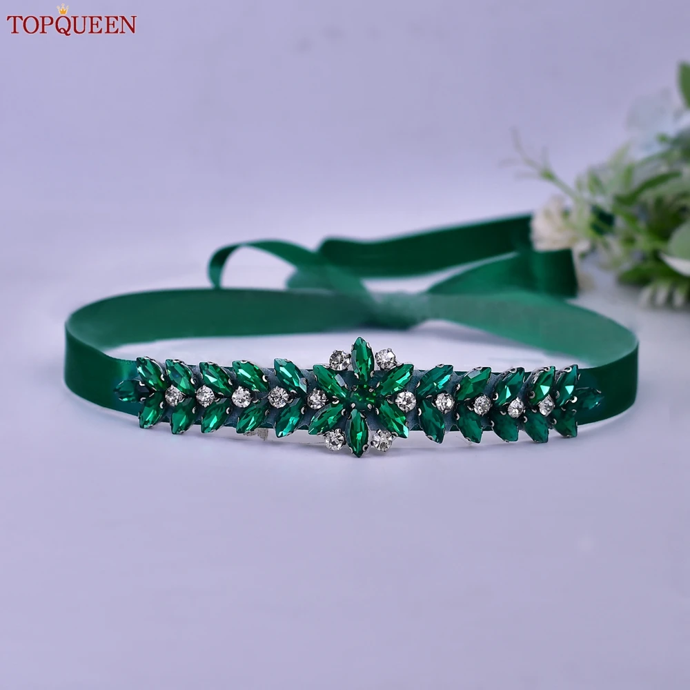 TOPQUEEN Green Belt Rhinestone Bridal Waist Evening Gown Corset Wedding Accessory Woman Waist Decoration Bridesmaid Jewelry S69