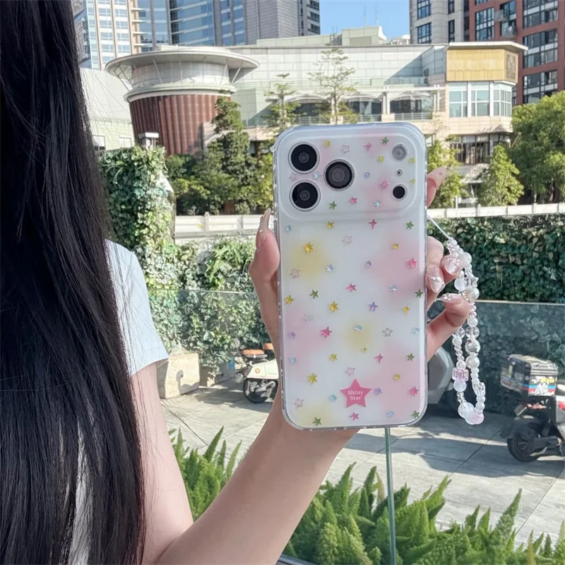 

Kawaii Gradient Star Glitter Clear Phone Case With Wrist Strap For iPhone 15 16 17 Pro Max INS Cute Large Window Shockproof Cove