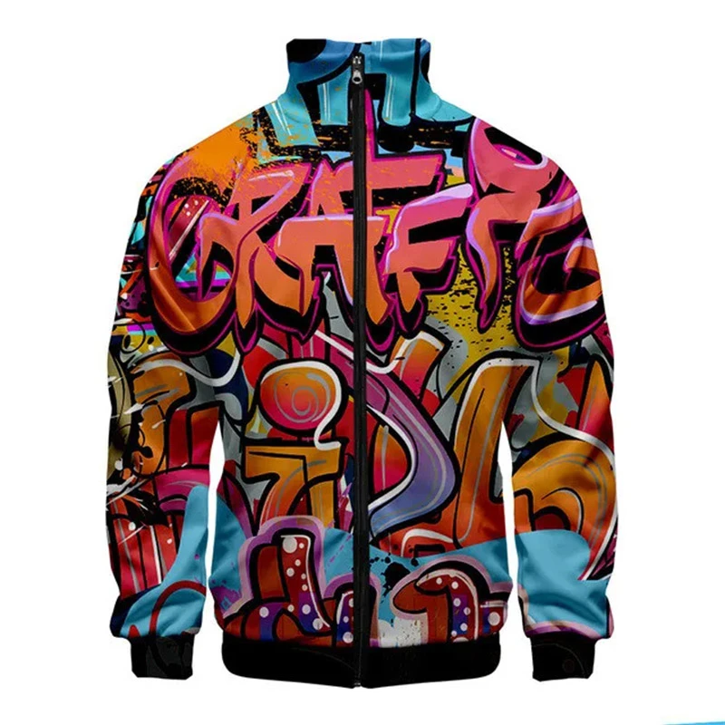 New Funny Graffiti Pattern Jacket Men Harajuku Hip Hop Style Coat Casual Stand Collar Zipper Apparel Boy Sweatshirt Jackets Top