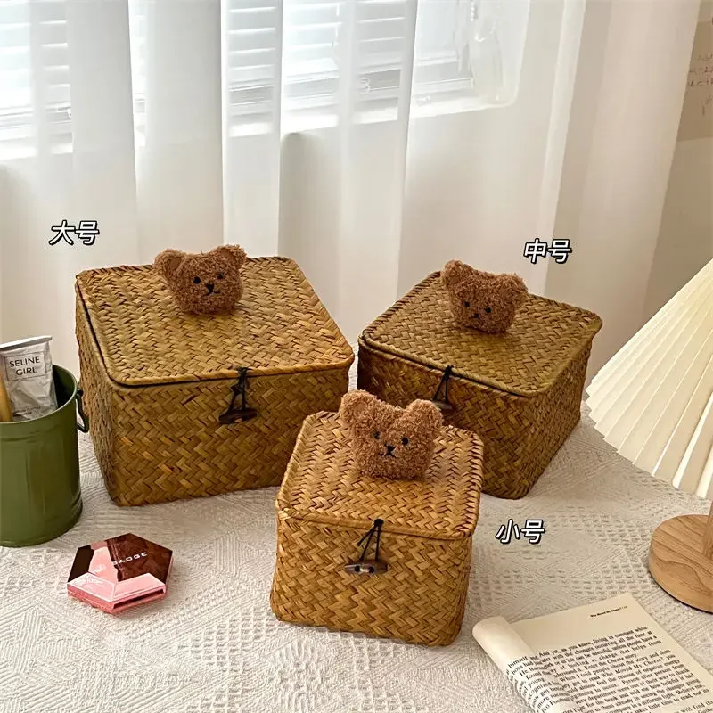 Bear Desktop Storage Box Hand-woven Rattan Wicker Basket Fruit Tea Snack Bread Basket Cosmetic Rectangular Storage Box Household