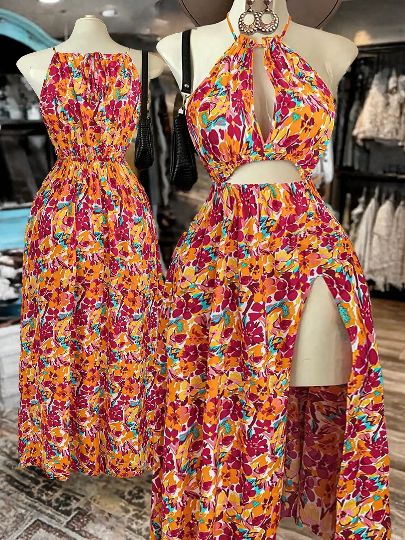 Plus Size Womens Halter Neck Cut-Out Maxi Dress With Side Slit, Floral Print Summer Beach Dress