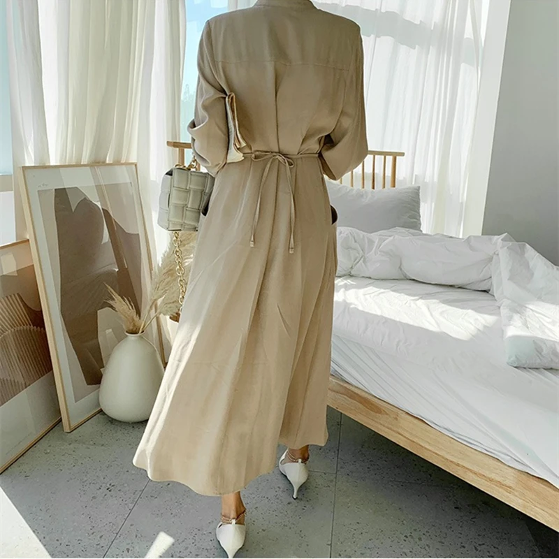 REALEFT Casual Stand Collar Women\'s Shirt Dresses Lace Up Solid Buttons Elegant Pockets Straight Dress Female 2024 New