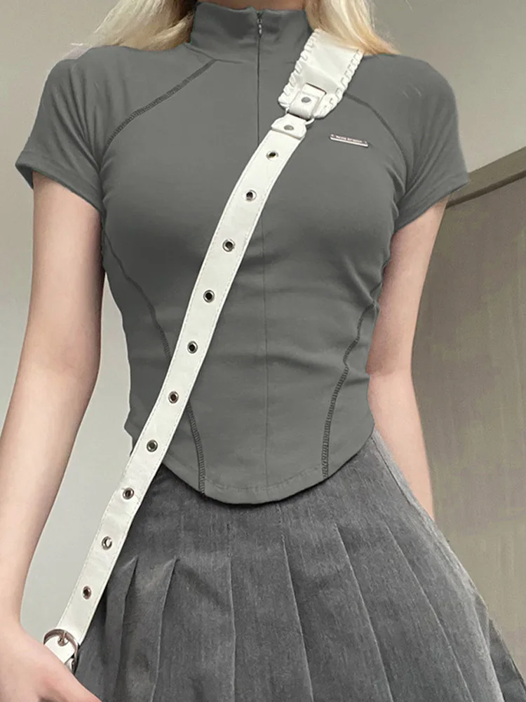 

Y2K Metal Crop Top Grey Zipper Short Sleeve Biker Moto Tee Korean Fashion Streetwear Grunge Chic 90s Style T-Shirt