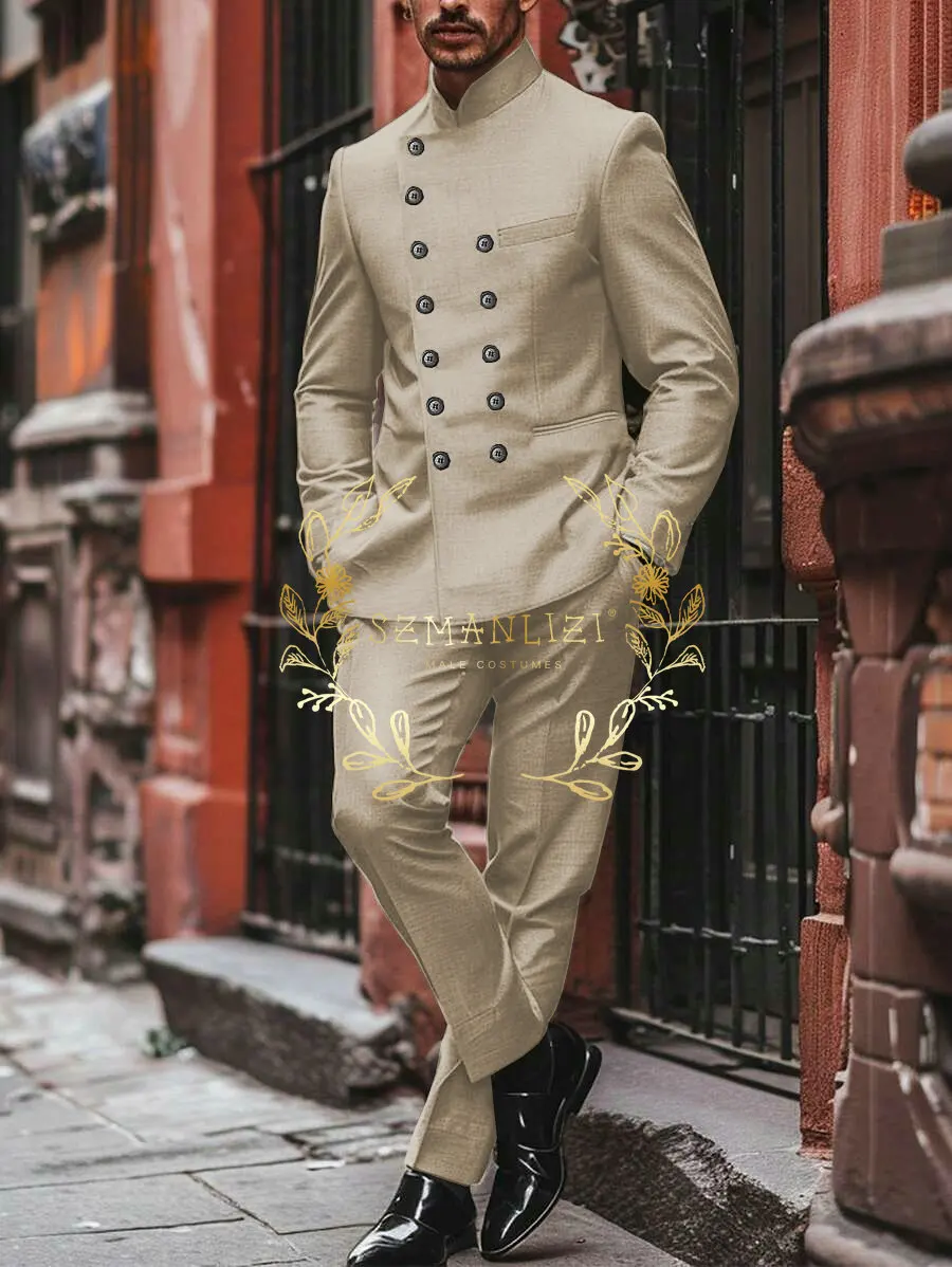 Light Grey Men's Suits For Prom Party Double Breasted Stand Collar Slim Fit Male Wedding Clothing Fashion 2 Piece Jacket Pants