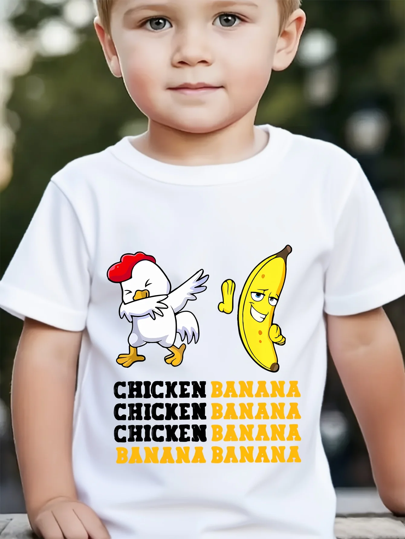 Children's Casual Fashionable T-shirt with Funny Chicken+banana Image Printed T-shirt Comfortable Summer Daily Tshirt