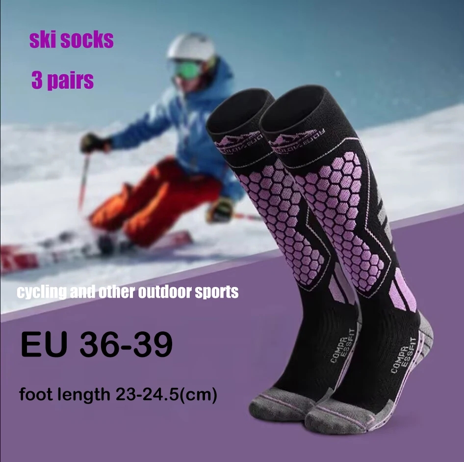 

3Pair Winter Thick Warm Non-Slip Ski Socks Professional Long Wool Compression for Cycling Hiking Running Outdoor Activities