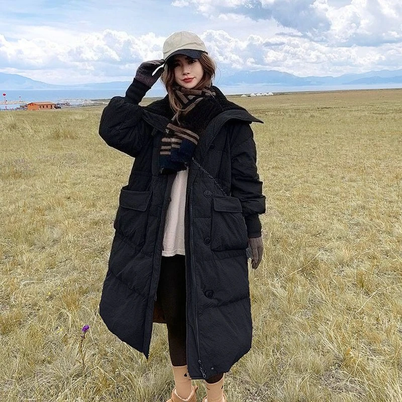 

Korean Style Loose Over Knee Coat for Women 2025 Autumn Winter Mid Length Fashionable Thermal Jacket