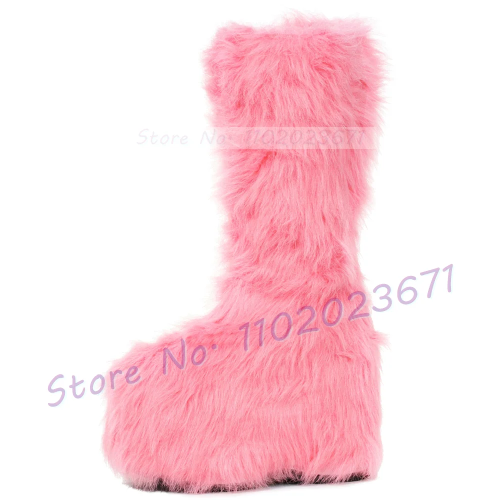 Chunky Heel Platform Tall Boots With Fur Women Fashion Winter Warm Furry Shoes Girl\'s Lovely Festival Side-zip Knee High Boots