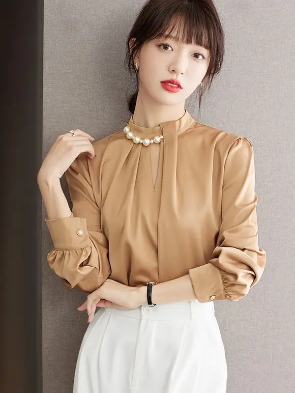

Women's Spring New Faion Acetic Acid Satin Chain Chiffon irt Long Sve Stand Collar Bubble Sve Pure Color Ladies irt
