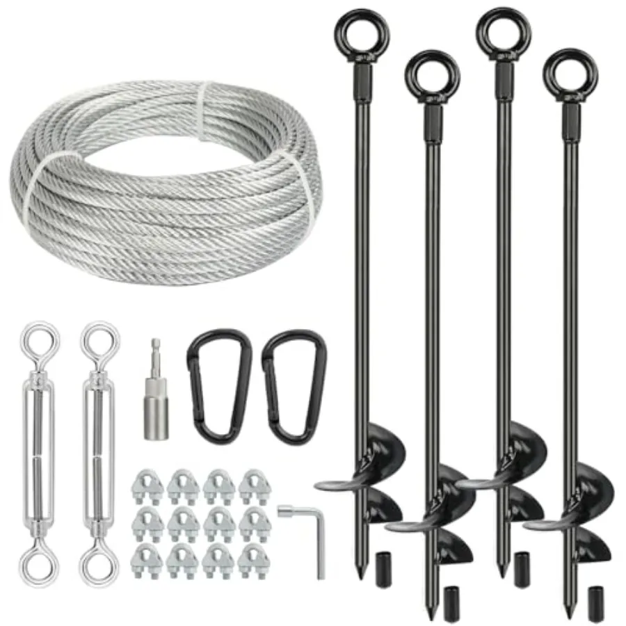 

4 Pcs 30 Long Heavy Duty Ground Anchors Kit with 3/16 Galvanized Cable Turnbuckles and Carabiners for Secure Installation of Sh