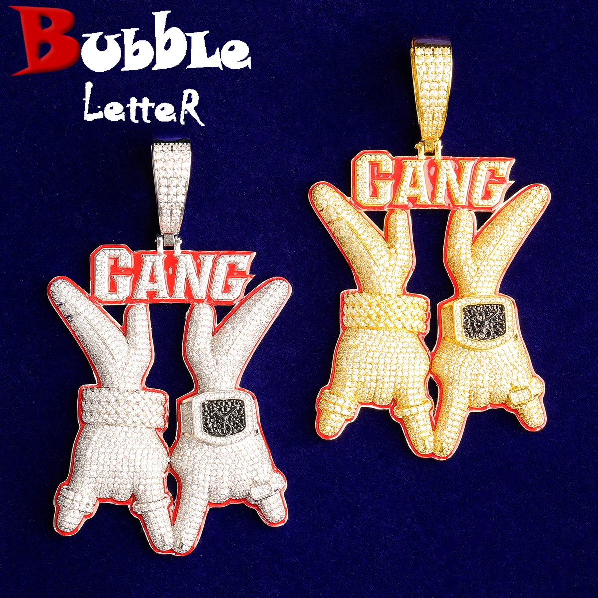 

Bubble Letter Iced Out Thumb Gang Necklace Pendant for Men Real Gold Plated 5A Cubic Zirconia Hip Hop Jewelry