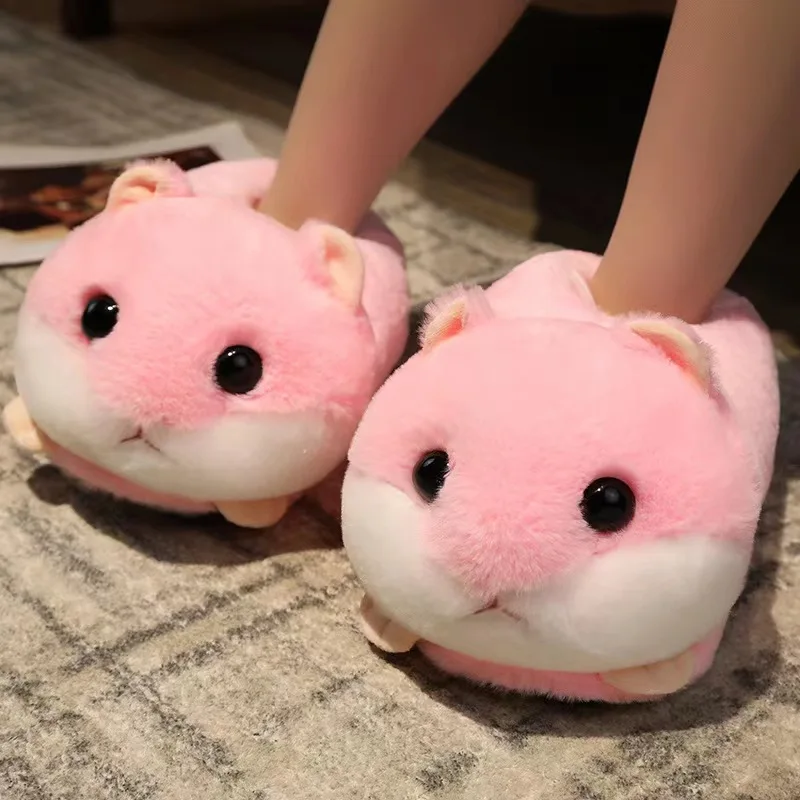 Cartoon New Designer Home Slippers Furry Hamster Cotton Slippers Fluffy Fur Big Ears Rabbit Indoor Warm Sandals Plush Slides