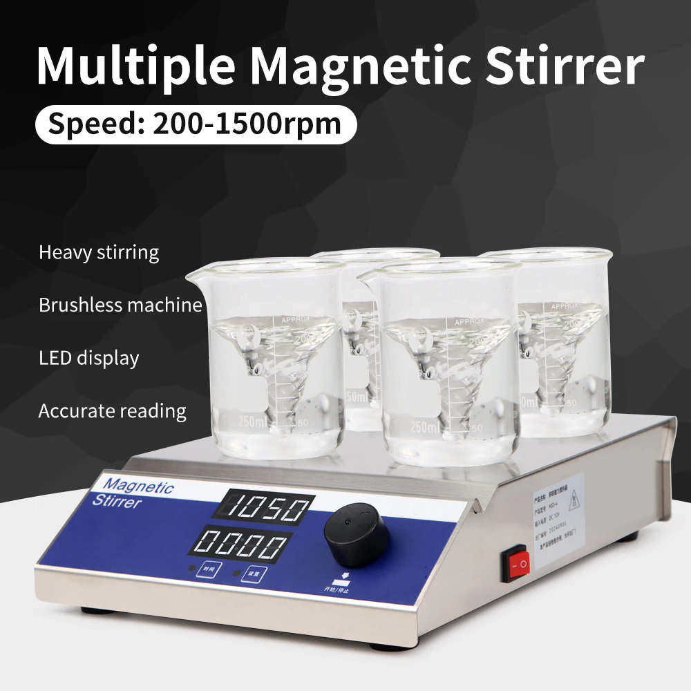 200-1500rpm Magnetic Stirrer 4/6/9 Positions Multipe Magnetic Mixer 304Stainless Steel Laboratory Mixer with Time Display