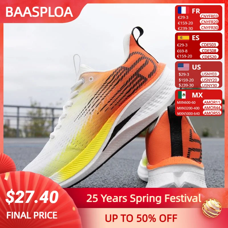 Baasploa Men Running Shoes Mesh Breathable Lightweight Professional Training Sport Shoes Rebound Marathon Carbon Plate Sneakers