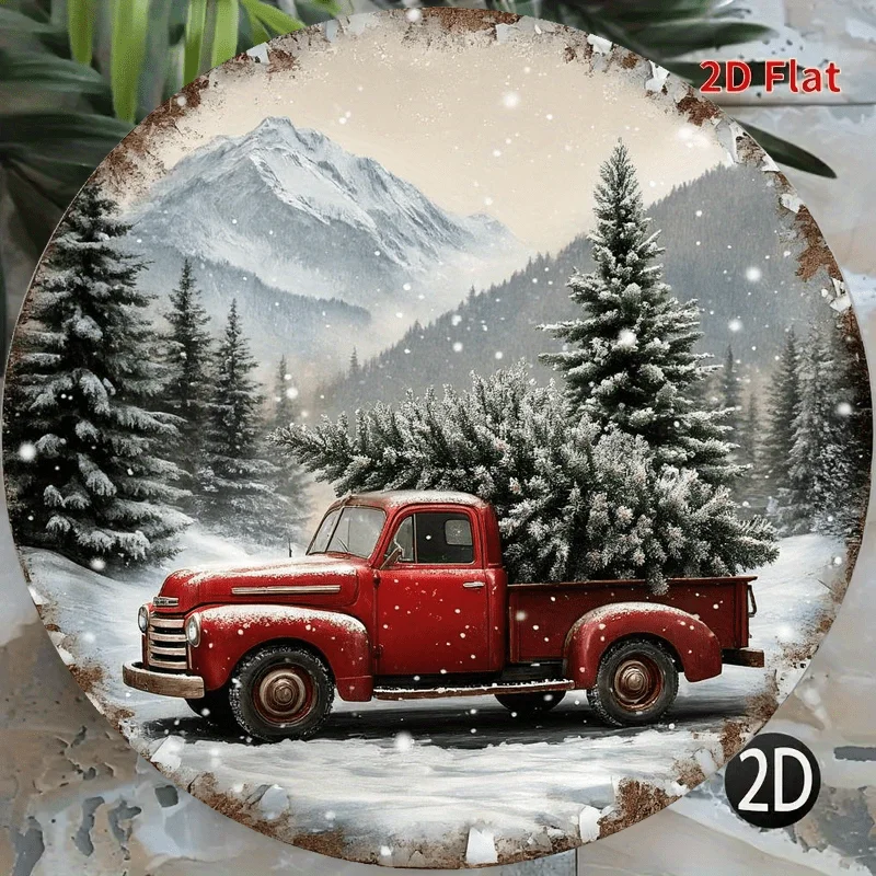 Vintage-Wandschild aus Aluminium mit rotem LKW und Weihnachtsbaum – rustikale 2D-Flachmetalldekoration für Feiertage im Innen- und Außenbereich, Zuhause, Café, Garag
