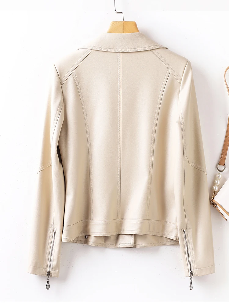 Giacca da motociclista in vera pelle da donna, slim fit, con colletto a giacca, alla moda, effetto snellente, Collezione Primavera 2025