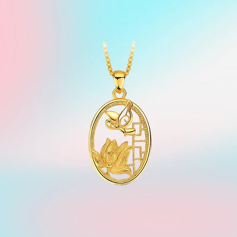 

new 9999 Real Gold 24K Antique Butterfly Hibiscus Flower Necklace, Gold Women's High-end National Butterfly Flower Collarbone Ch