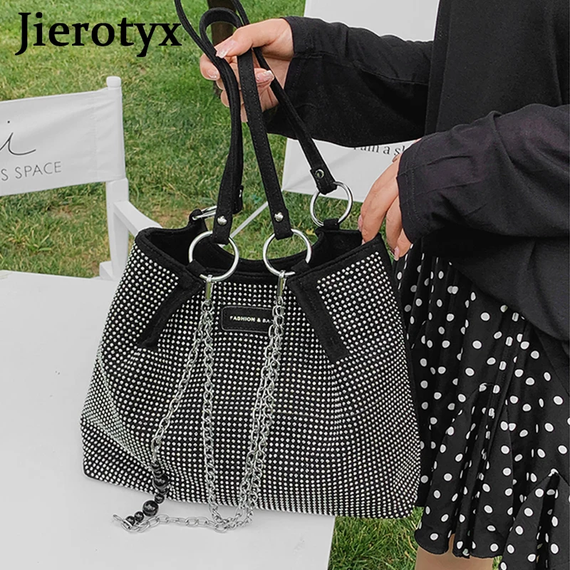 JIEROTYX Fashion Rhinestone Shoulder Tote Bag with Chain Vintage Gothic Handbags for Women Travel Shopper Totes Large Capacity