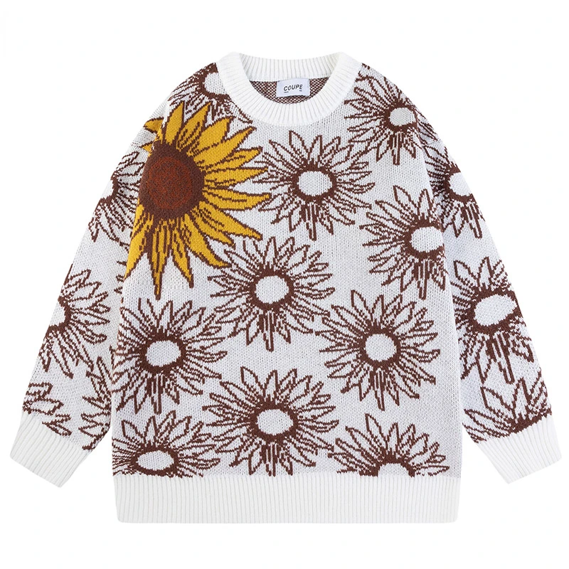 Harajuku Retro Floral Jumper Sweater Men's Oversized Winter Sunflower Knit Sweater Grandpa Ugly Sweater Women's Y2K Jumpers 2022