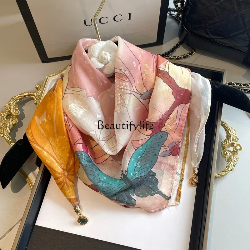 

New magnetic buckle women's high-end small silk scarf summer thin simulated silk neck protection and sun protection scarf