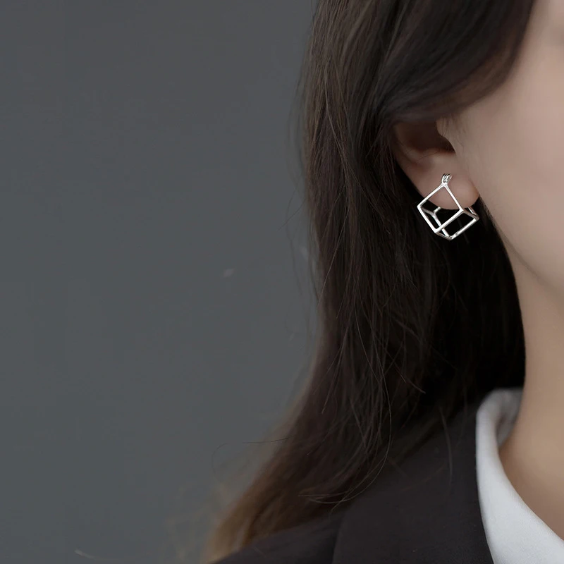 Modian New Design Geometric 3D Square Cube Stud Earrings for Women Authentic 925 Sterling Silver Stylish Minimalism Jewelry Gift
