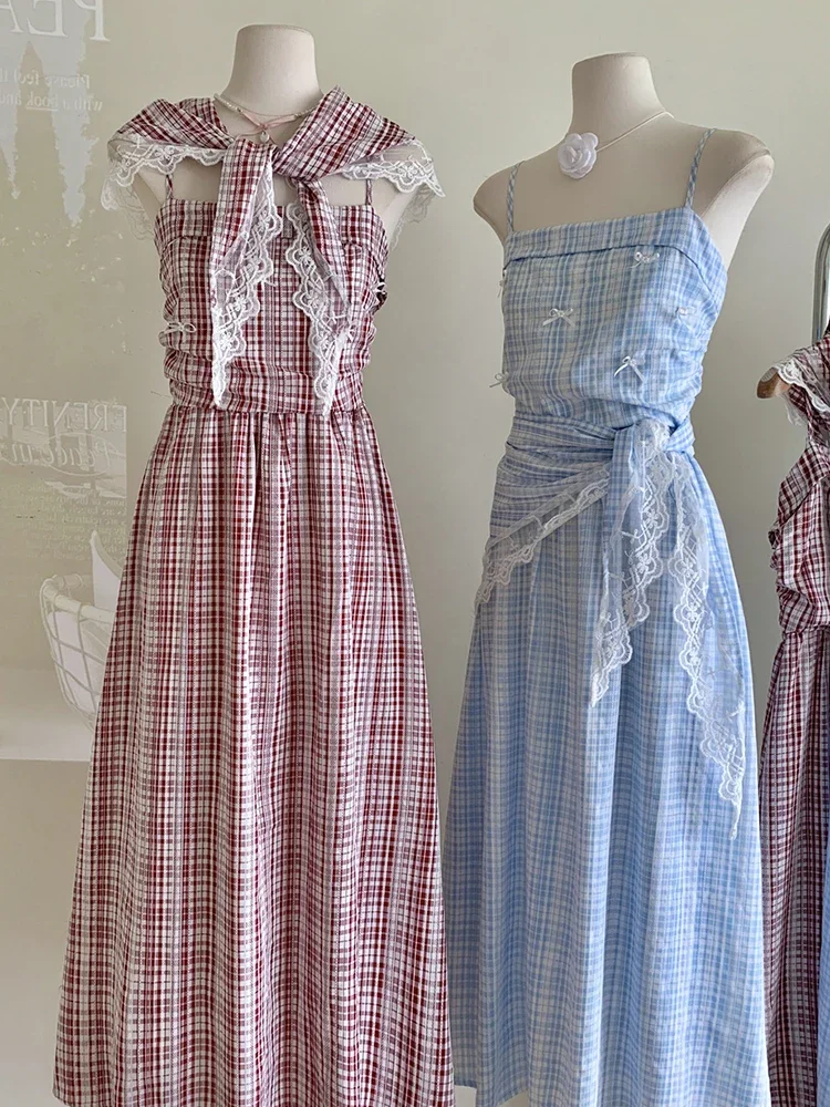 Summer French Vintage Mori Girl Long Plaid Dress Women Coquette 2000s Aesthetic Spaghetti Strap One-Piece Frocks Cottage Core