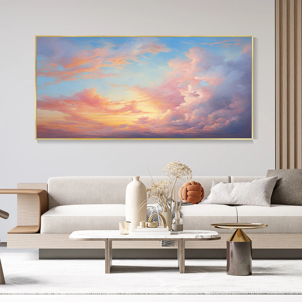 Hand Painted Oil Painting Textured Canvas Elegant Home Decor Sunset Afterglow Cloudy Sky Winter Warmth Bedroom Decoration Art