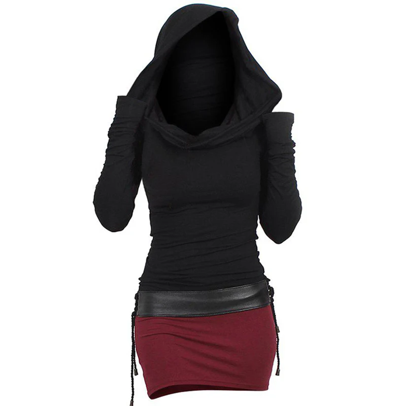 

Large Hoodie Dress Casual Solid Colour Drawstring Hoodie Dress Slim Hooded mid-waist mid-skirt color-blocked Pullover Dress