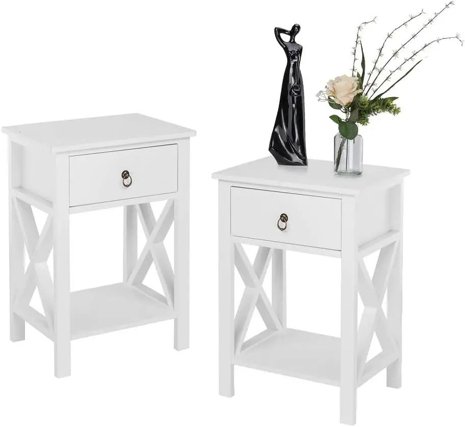 

Night Stand Set of 2 with Drawer, Small White Farmhouse Nightstand Bedroom