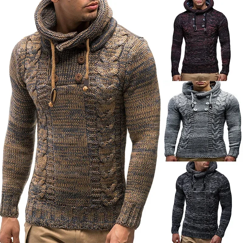 2023 European and American Men\'s Knitted Outerwear Autumn and Winter Oversized High Neck Hooded Sweater