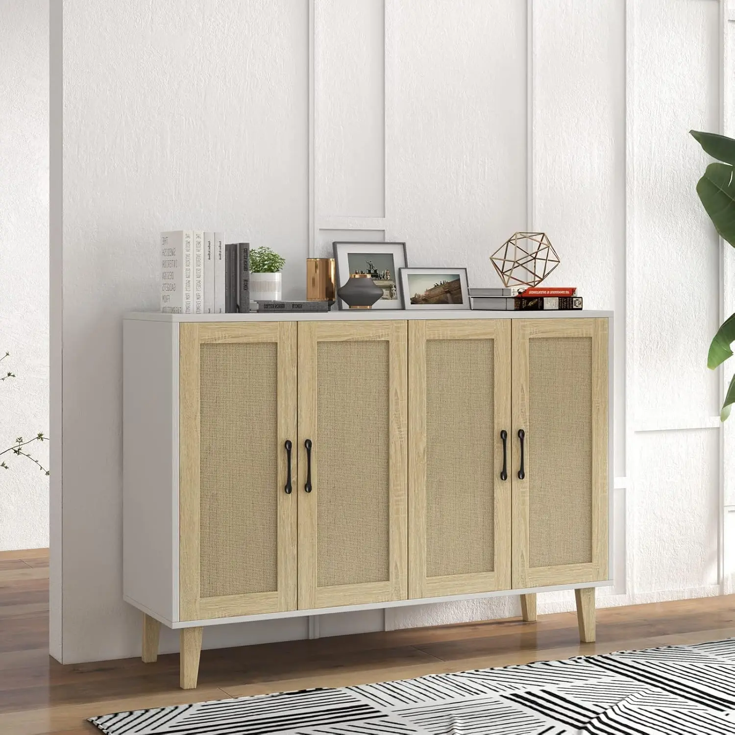 NEW Buffet Storage Cabinet with Rattan Decorating 4 Doors Living Room Kitchen Sideboard 48.43 x 34.65 x 15 inch (White)