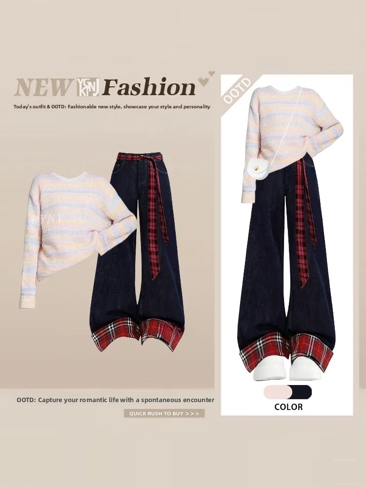 Maglione lavorato a maglia coreano Sle Long Sve Set ampio a righe morbide con jeans scozzesi rossi con cintura per donna Autunno Inverno Faion